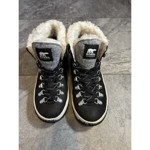 Sorel Black Winter Boots Women Size 6 Waterproof Sherpa Rugged Lace Up Hiking